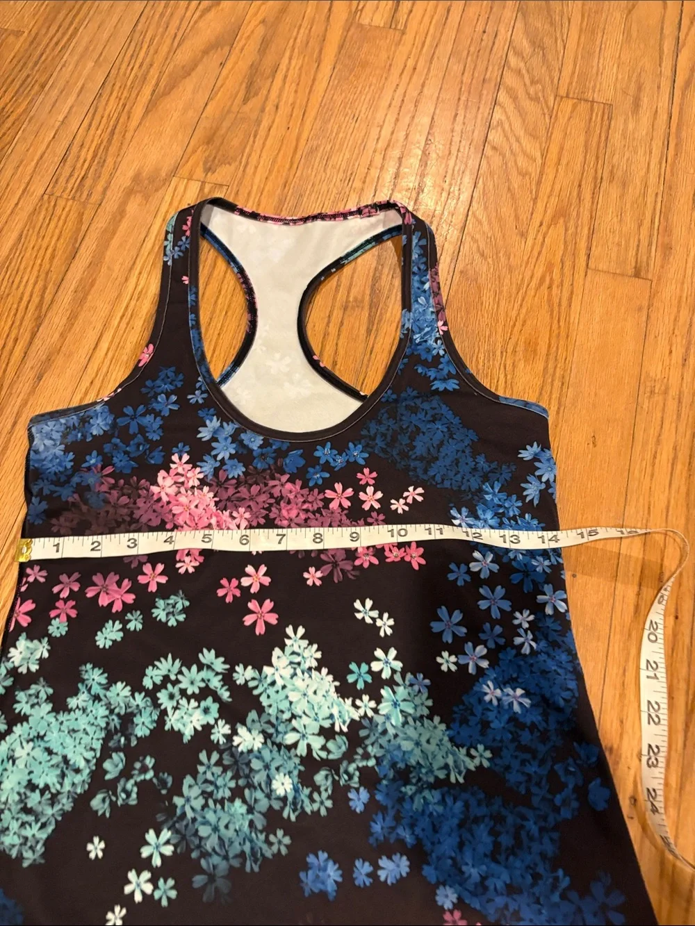 lululemon athletica Black Floral Racerback Tank with Blue, Pink, Mint Accents